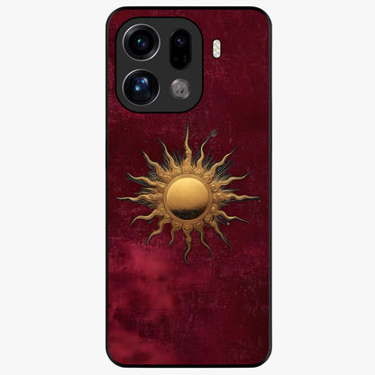 Gold Sun Blush Glass Case showing flat back view with golden sun inspired artwork and glossy glass finish.