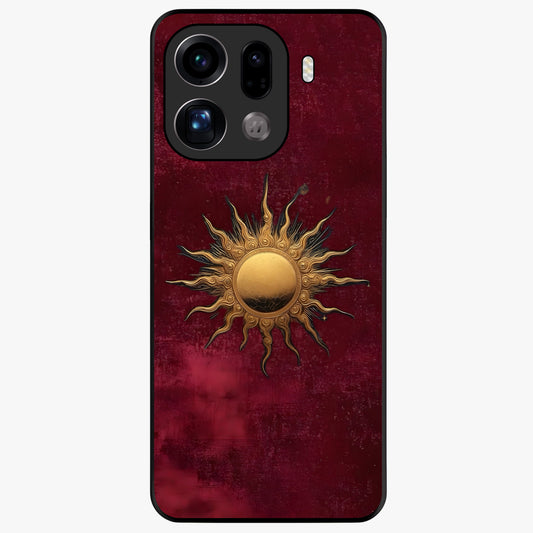 Gold Sun Blush Glass Case showing flat back view with golden sun inspired artwork and glossy glass finish.