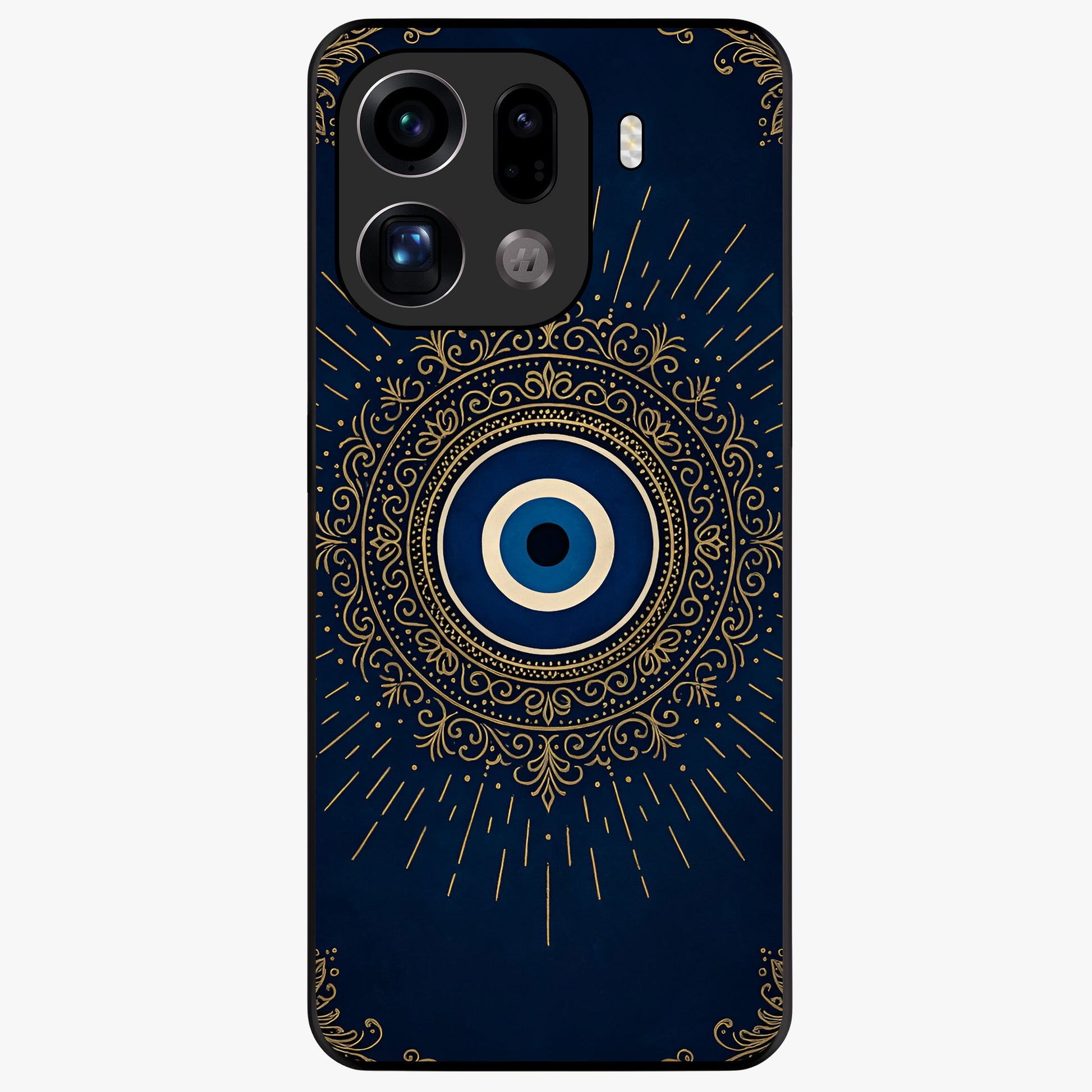 Golden Evil Eye Mandala Glass Case showing flat back view with intricate evil eye mandala artwork and glossy glass finish.