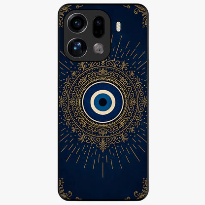 Golden Evil Eye Mandala Glass Case showing flat back view with intricate evil eye mandala artwork and glossy glass finish.