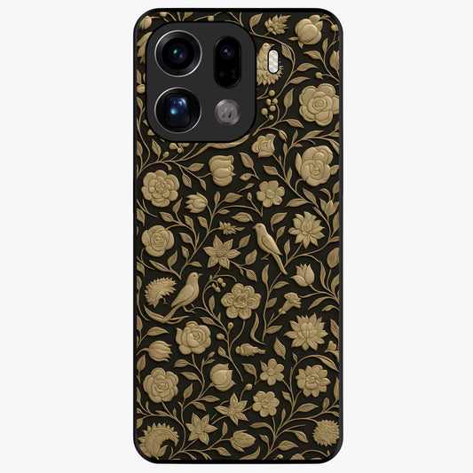 Golden Floral Majesty Glass Case showing flat back view with luxurious golden floral artwork and glossy glass finish.
