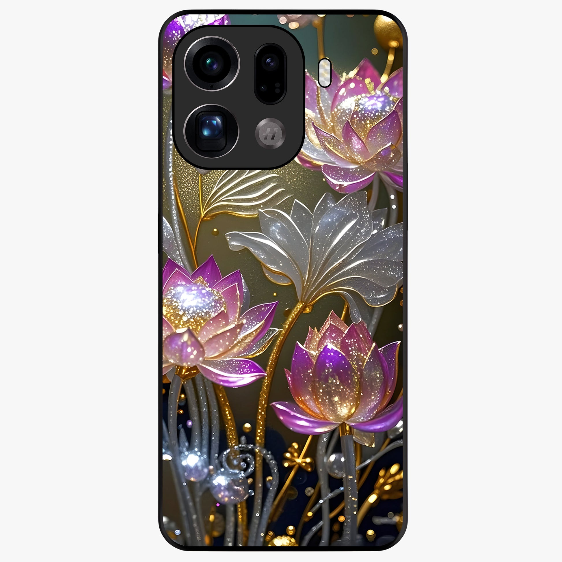 Golden Lotus Glow Glass Case showing flat back view with glowing lotus flower artwork and glossy glass finish.