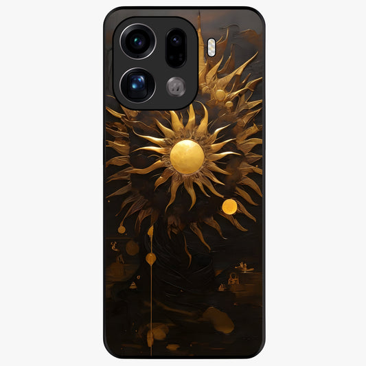 Golden Sun Majesty Glass Case showing flat back view with radiant golden sun artwork and glossy glass finish.
