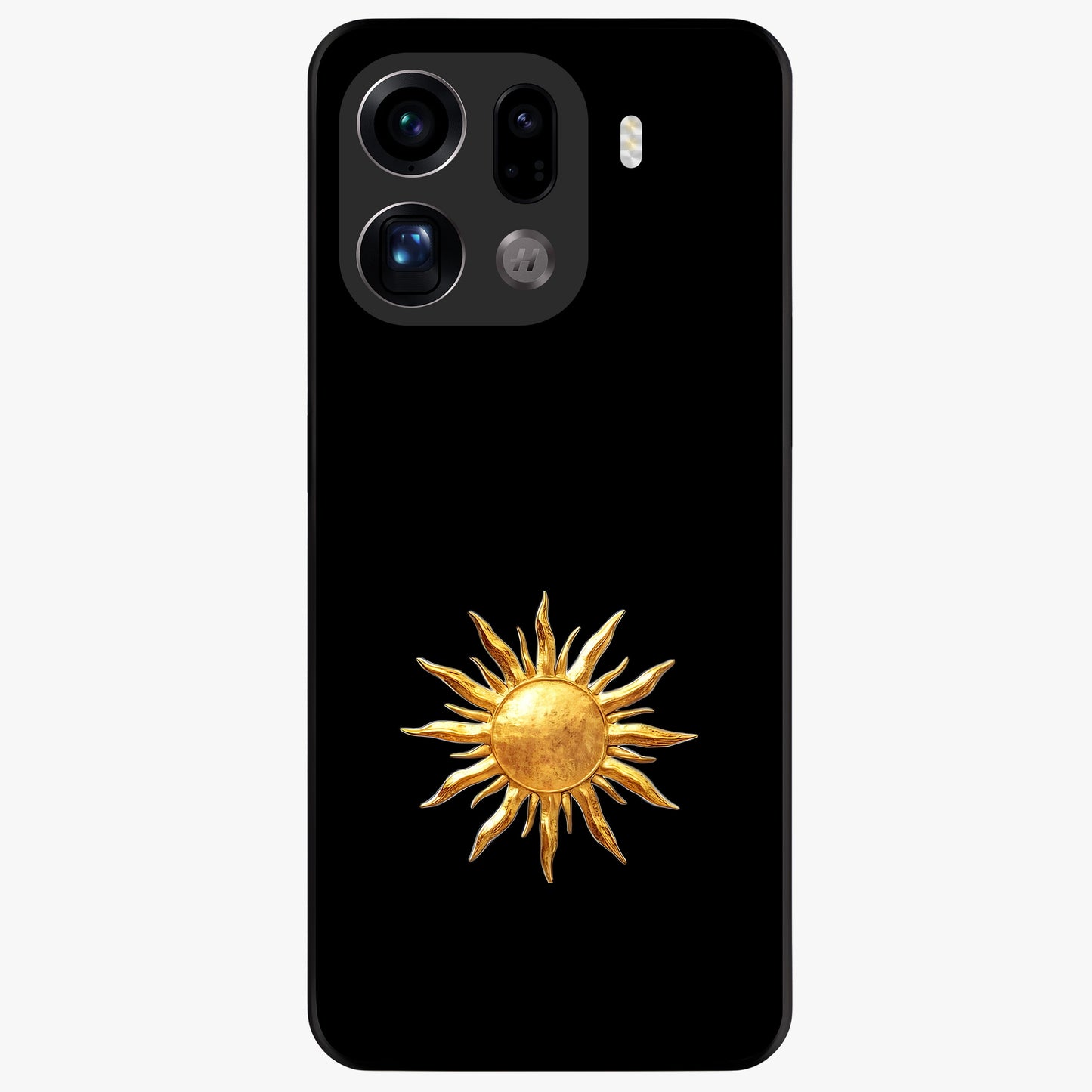 Golden Sun Minimalism Glass Case showing flat back view with minimal golden sun artwork and glossy glass finish.
