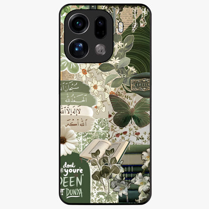 Green Islamic Books Quotes Glass Case showing flat back view with Islamic quotes and book themed artwork and glossy glass finish.