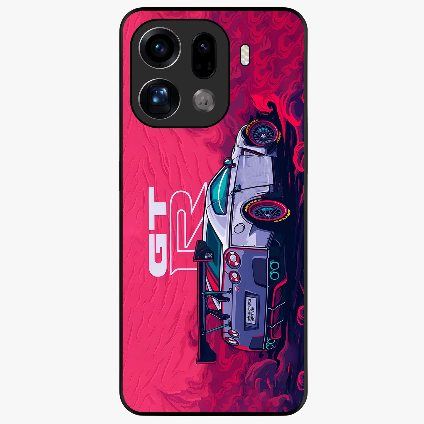 GT-R Car Pattern Glass Case showing flat back view with sporty car inspired pattern artwork and glossy glass finish.