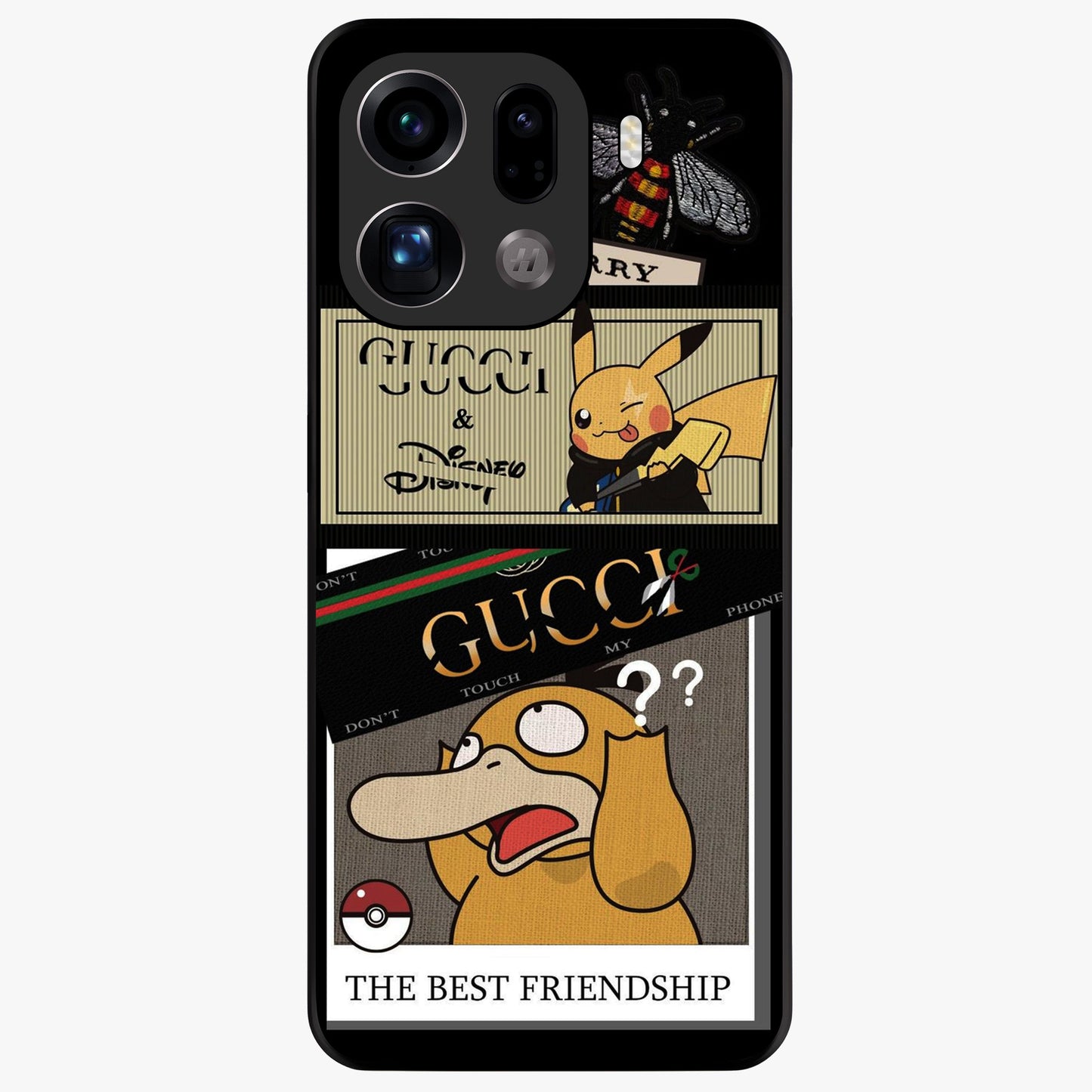 Gucci Play Mashup Glass Case showing flat back view with luxury inspired graphic artwork and glossy glass finish.