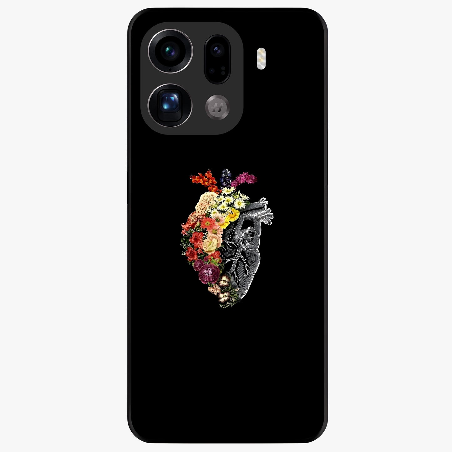 Heart With Flowers Glass Case showing flat back view with heart shaped floral artwork and glossy glass finish.