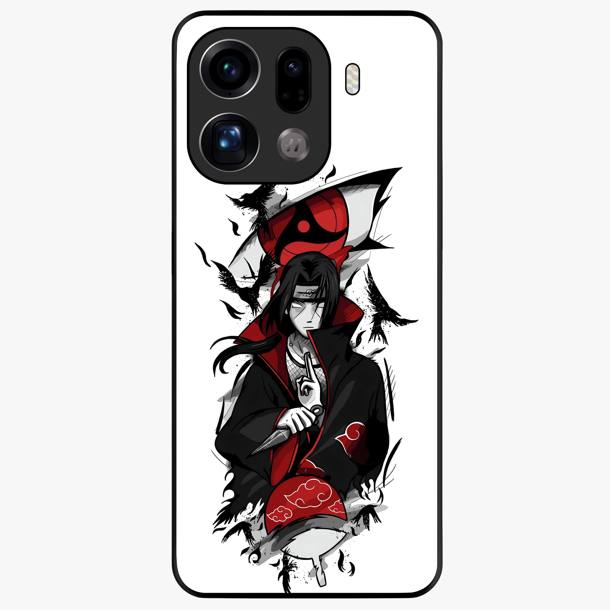 Itachi Sharingan Glass Case showing flat back view with powerful anime eye artwork and glossy glass finish.