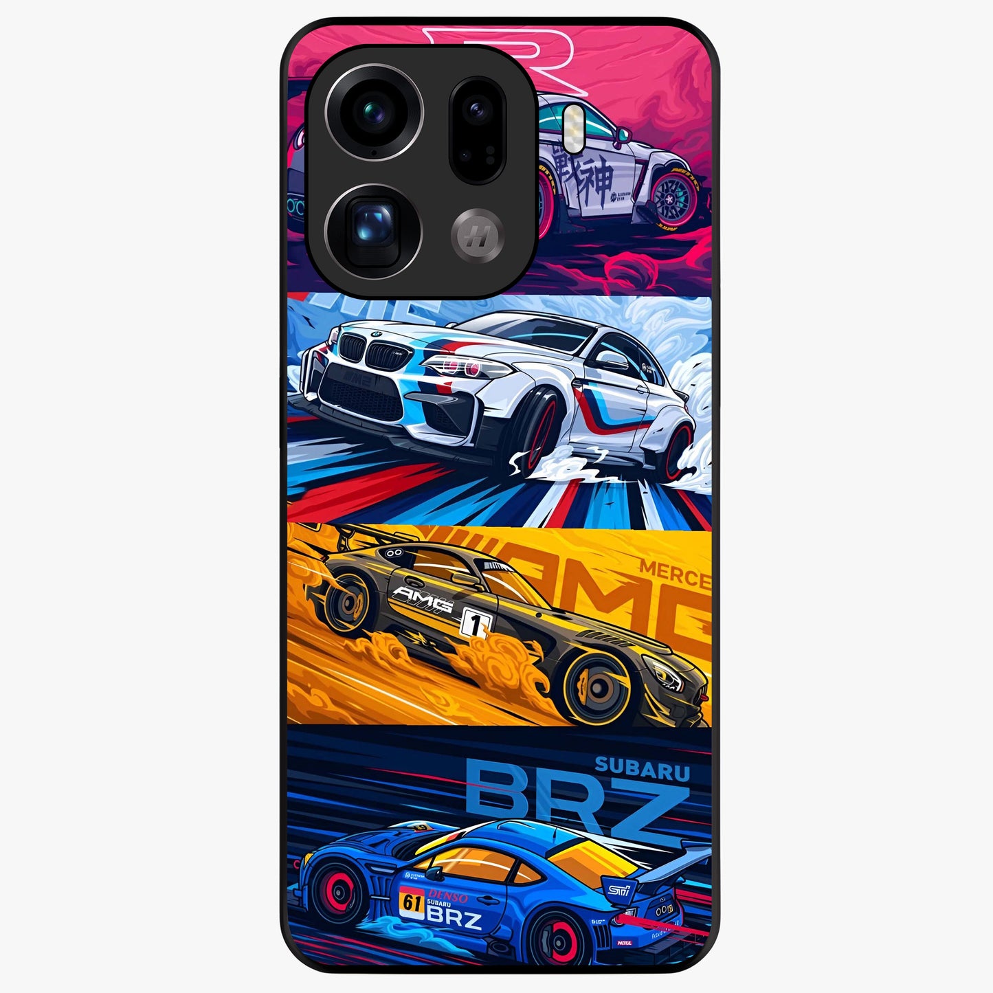 JDM Sports Car Glass Case showing flat back view with high performance sports car artwork and glossy glass finish.