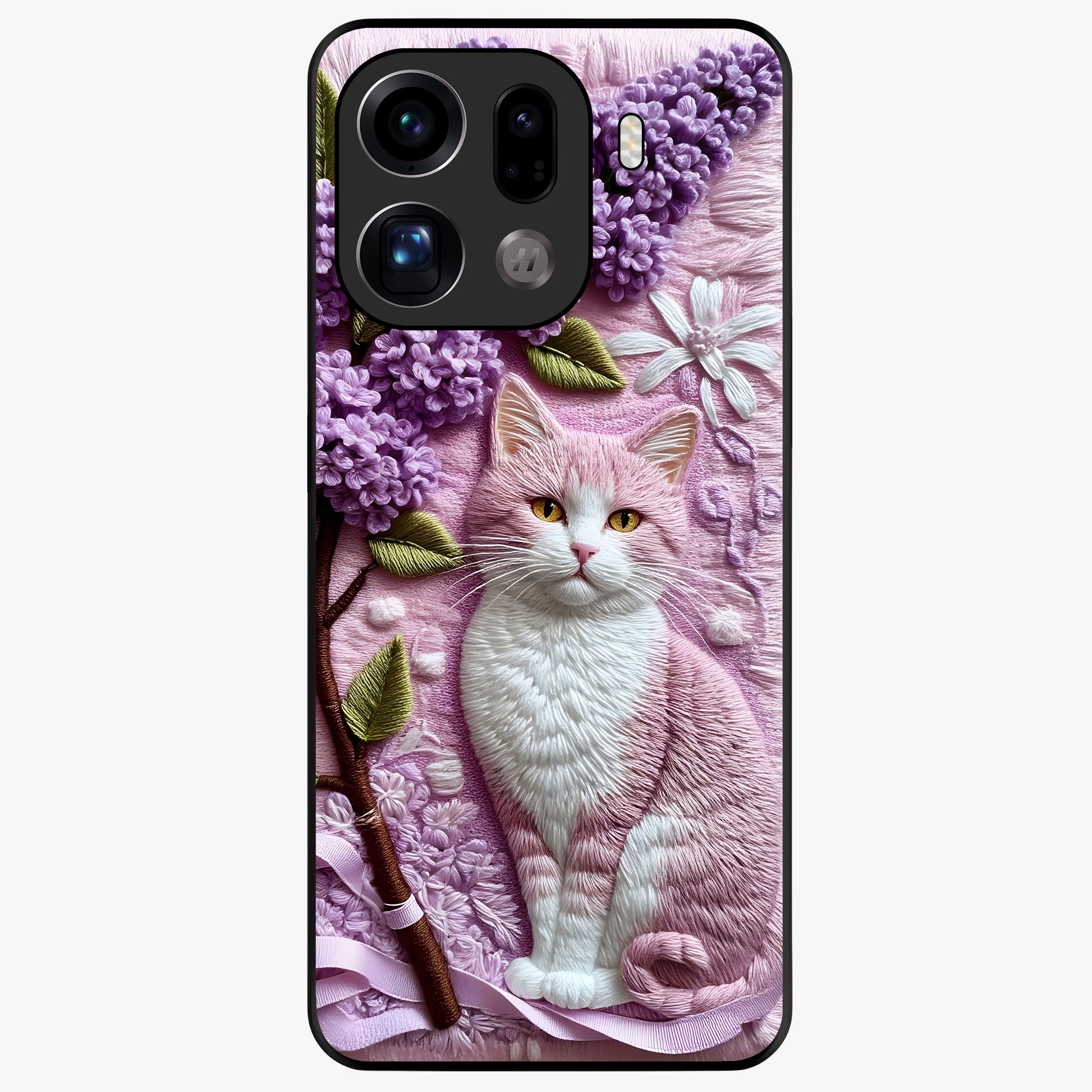 Lavender Cat Whimsy Glass Case showing flat back view with cute lavender cat artwork and glossy glass finish.