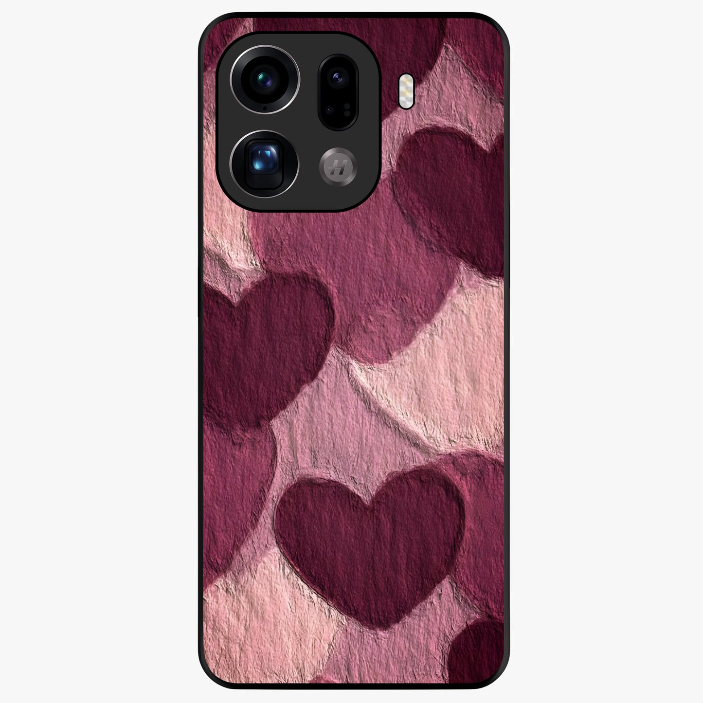 Layered Paper Hearts Glass Case showing flat back view with layered paper heart artwork and glossy glass finish.