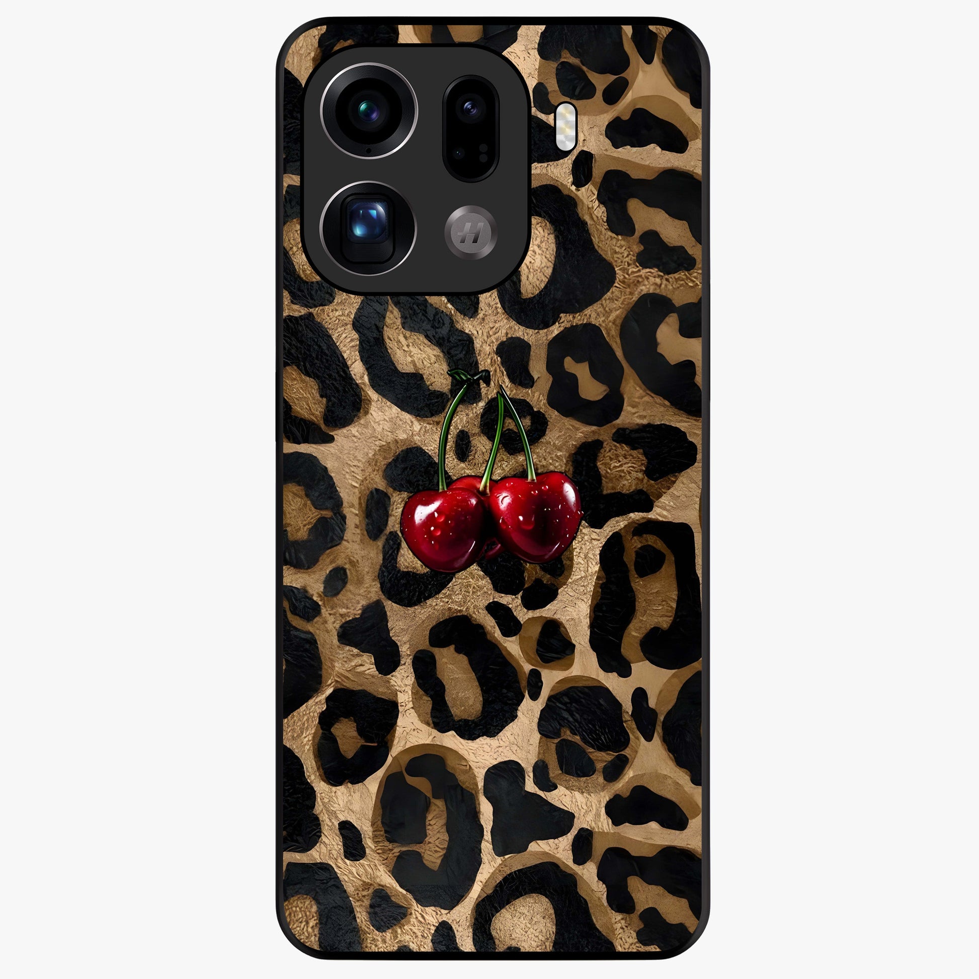 Leopard Wild Cherry Glass Case showing flat back view with leopard pattern and cherry artwork and glossy glass finish.