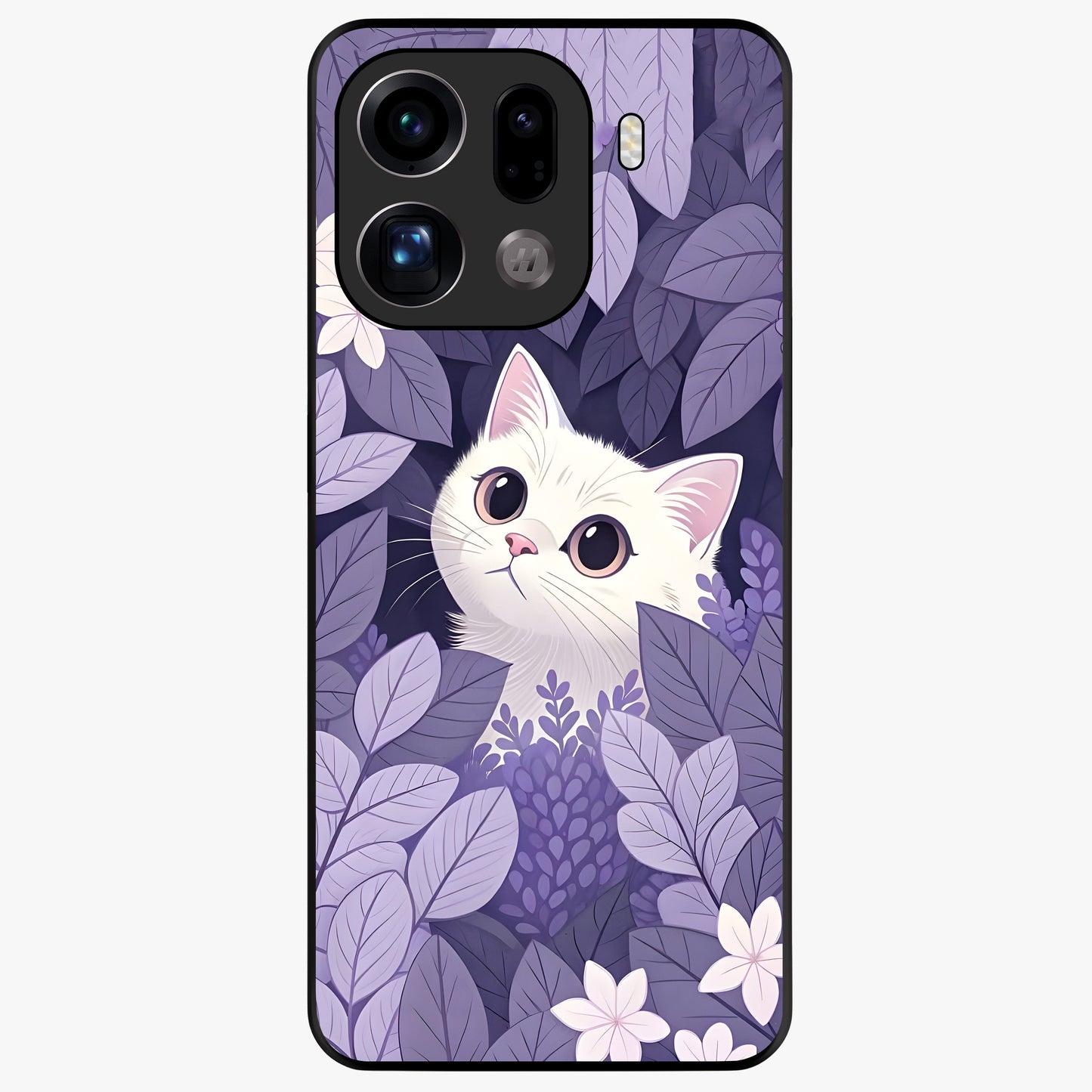 Lilac Hide Peek Cat Glass Case showing flat back view with cute peeking cat artwork and glossy glass finish.