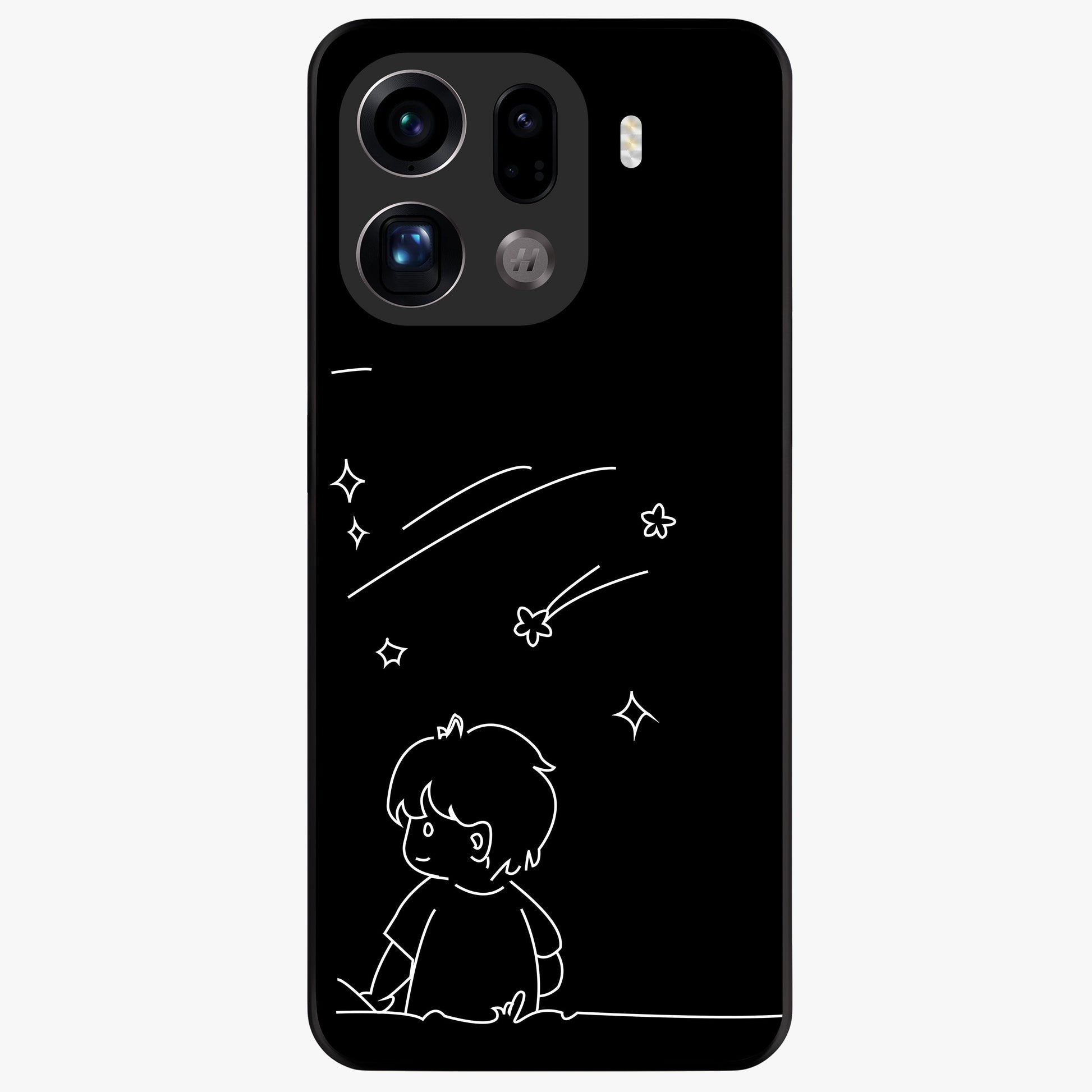 Line Art Boy With Shooting Stars Glass Case showing flat back view with minimal line art boy and shooting stars illustration and glossy glass finish.