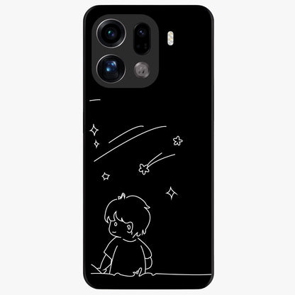 Line Art Boy With Shooting Stars Glass Case showing flat back view with minimal line art boy and shooting stars illustration and glossy glass finish.
