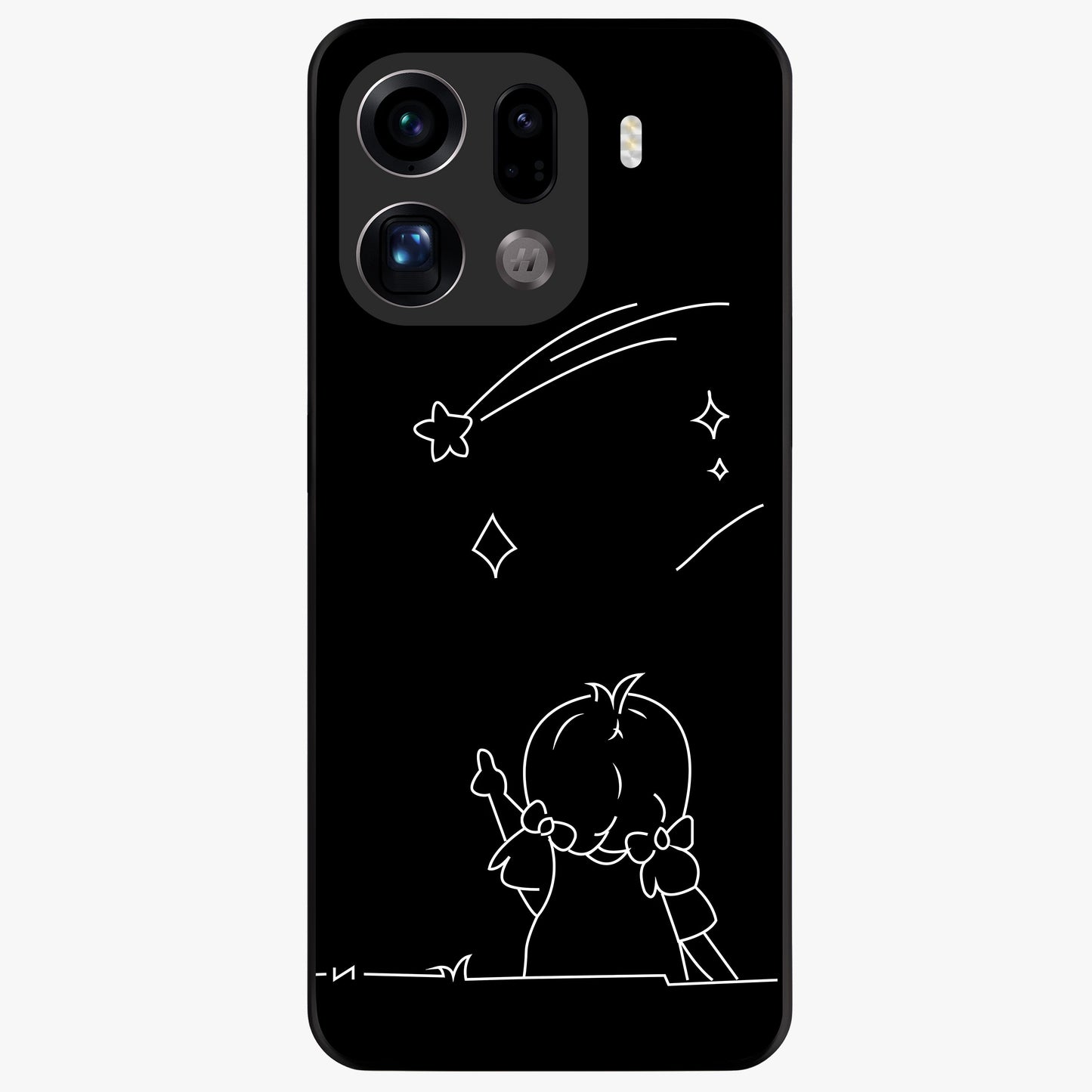 Line Art Girl With Shooting Stars Glass Case showing flat back view with minimal line art girl and shooting stars illustration and glossy glass finish.