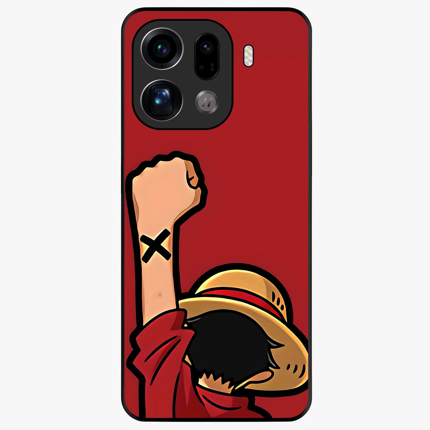 Luffy X Spirit Glass Case showing flat back view with bold anime character artwork and glossy glass finish.