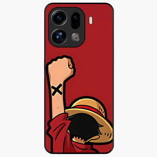 Luffy X Spirit Glass Case showing flat back view with bold anime character artwork and glossy glass finish.