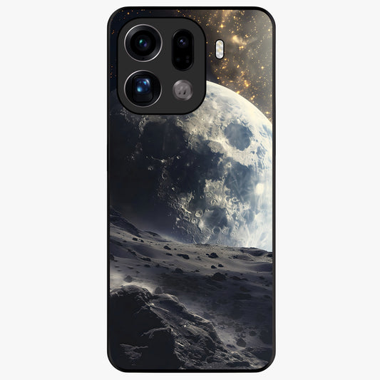Lunar Horizon Glow Glass Case showing flat back view with glowing moon horizon artwork and glossy glass finish.