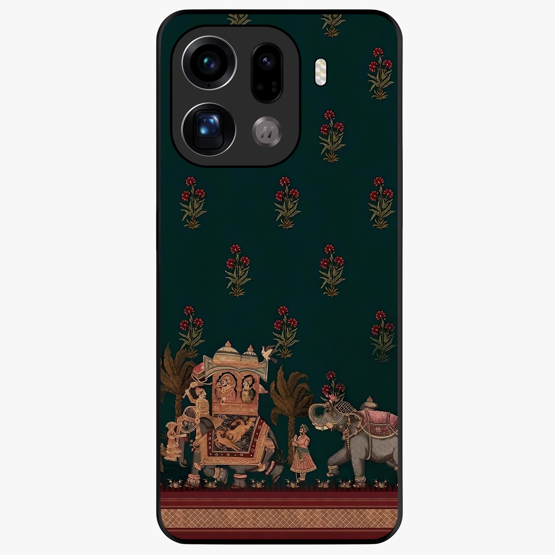 Macmerise Glass Case showing flat back view with stylish modern artwork and glossy glass finish.