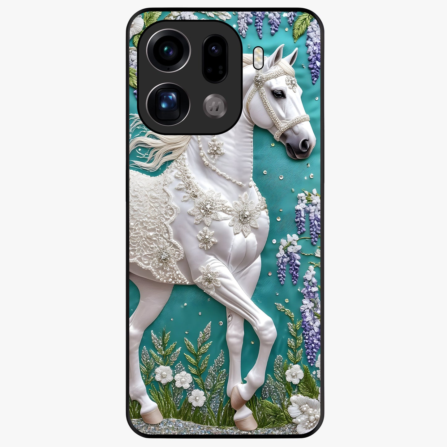 Majestic Floral Stallion Glass Case showing flat back view with powerful horse and floral artwork and glossy glass finish.