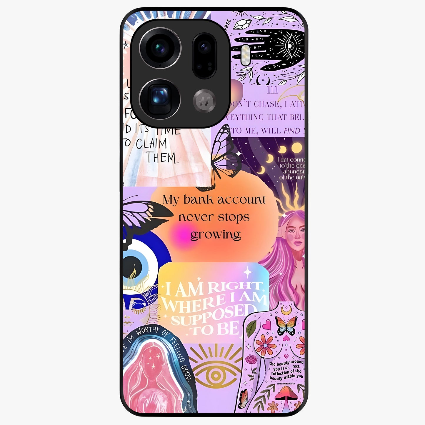 Manifestation Collage Glass Case showing flat back view with motivational collage artwork and glossy glass finish.