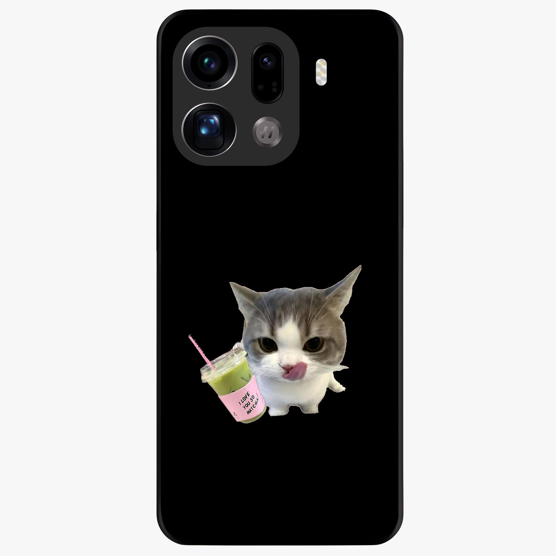 Matcha Cat Style Glass Case showing flat back view with cute matcha themed cat artwork and glossy glass finish.