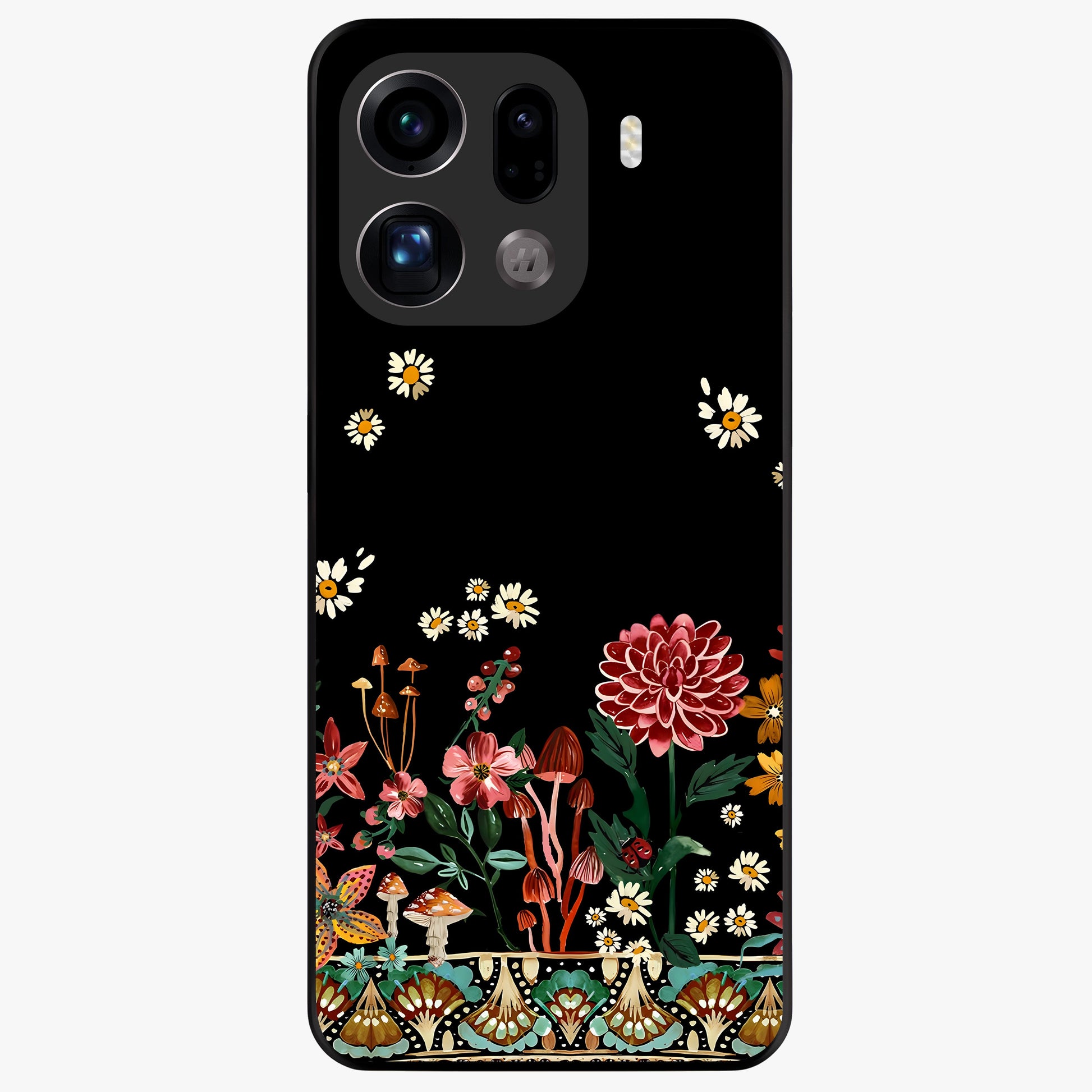 Midnight Bloom Pattern Glass Case showing flat back view with dark floral pattern artwork and glossy glass finish.