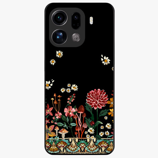 Midnight Bloom Pattern Glass Case showing flat back view with dark floral pattern artwork and glossy glass finish.