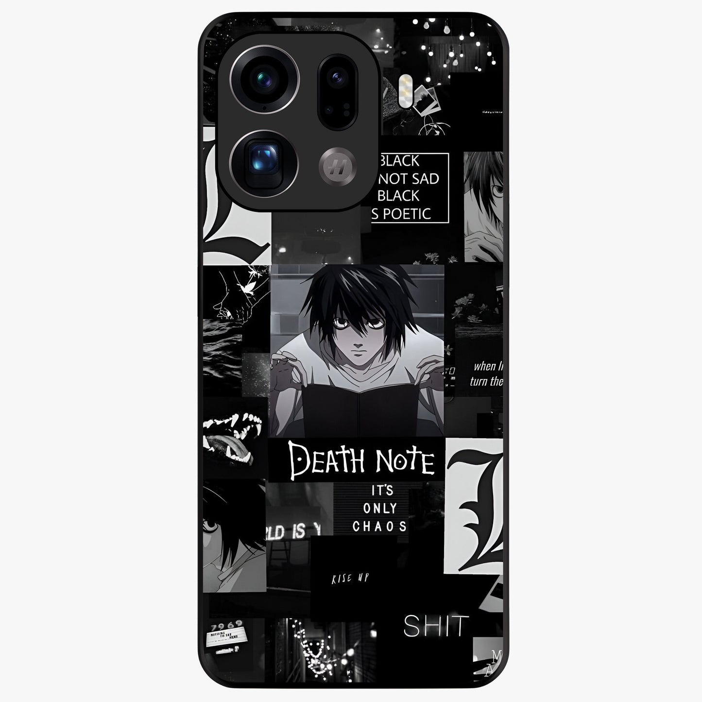 Midnight Chaos Mind Glass Case showing flat back view with abstract dark themed artwork and glossy glass finish.
