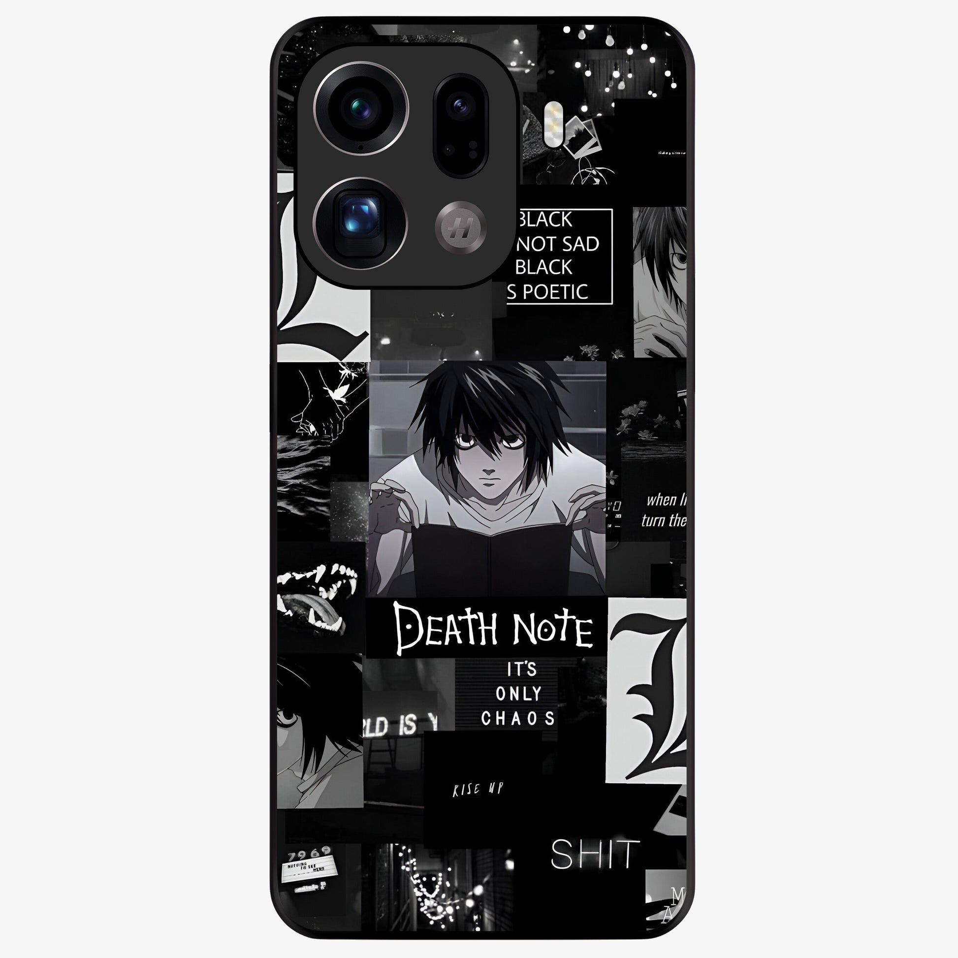Midnight Chaos Mind Glass Case showing flat back view with abstract dark themed artwork and glossy glass finish.