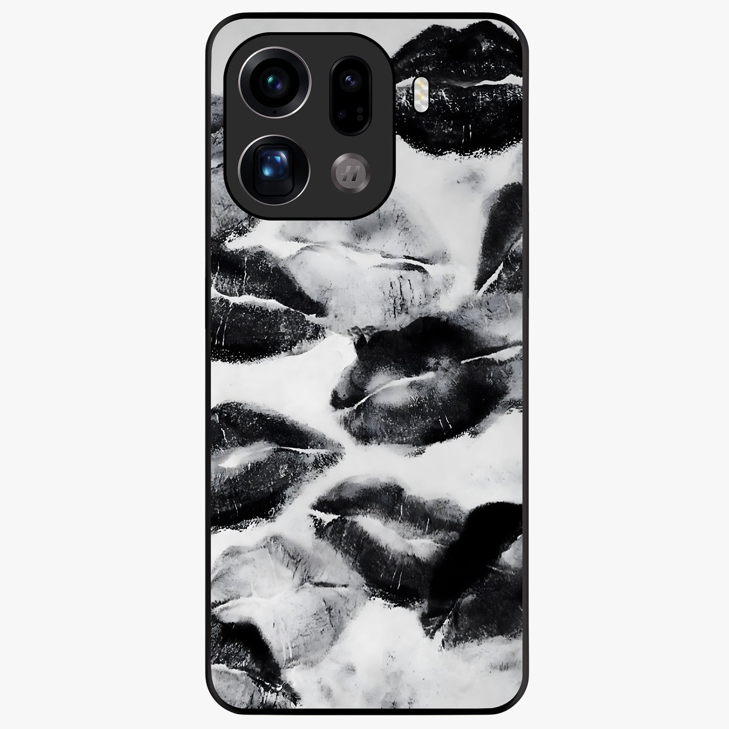 Midnight Kiss Marks Glass Case showing flat back view with lipstick kiss mark artwork and glossy glass finish.