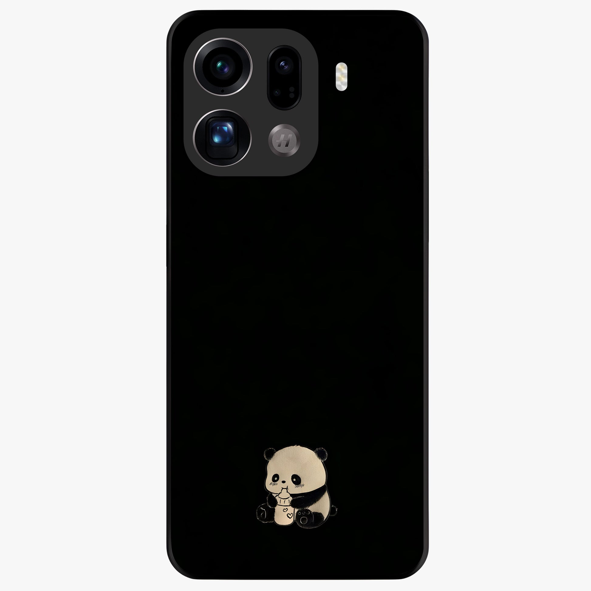 Midnight Panda Love Glass Case showing flat back view with cute panda themed artwork and glossy glass finish.