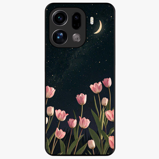 Midnight Tulip Whispers Vibe Glass Case showing flat back view with elegant tulip flower artwork and glossy glass finish.