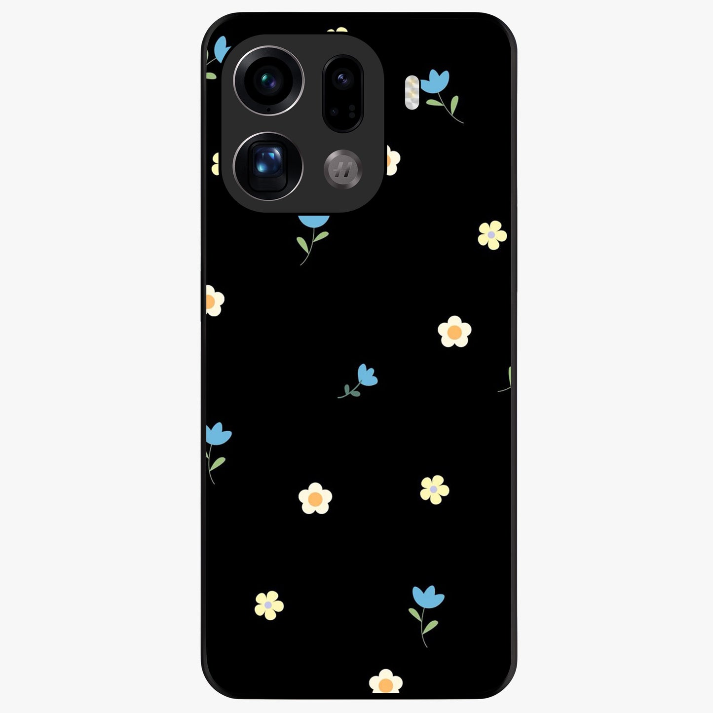 Minimalistic Blue With White Flower Pattern Glass Case showing flat back view with blue background and white flower pattern and glossy glass finish.