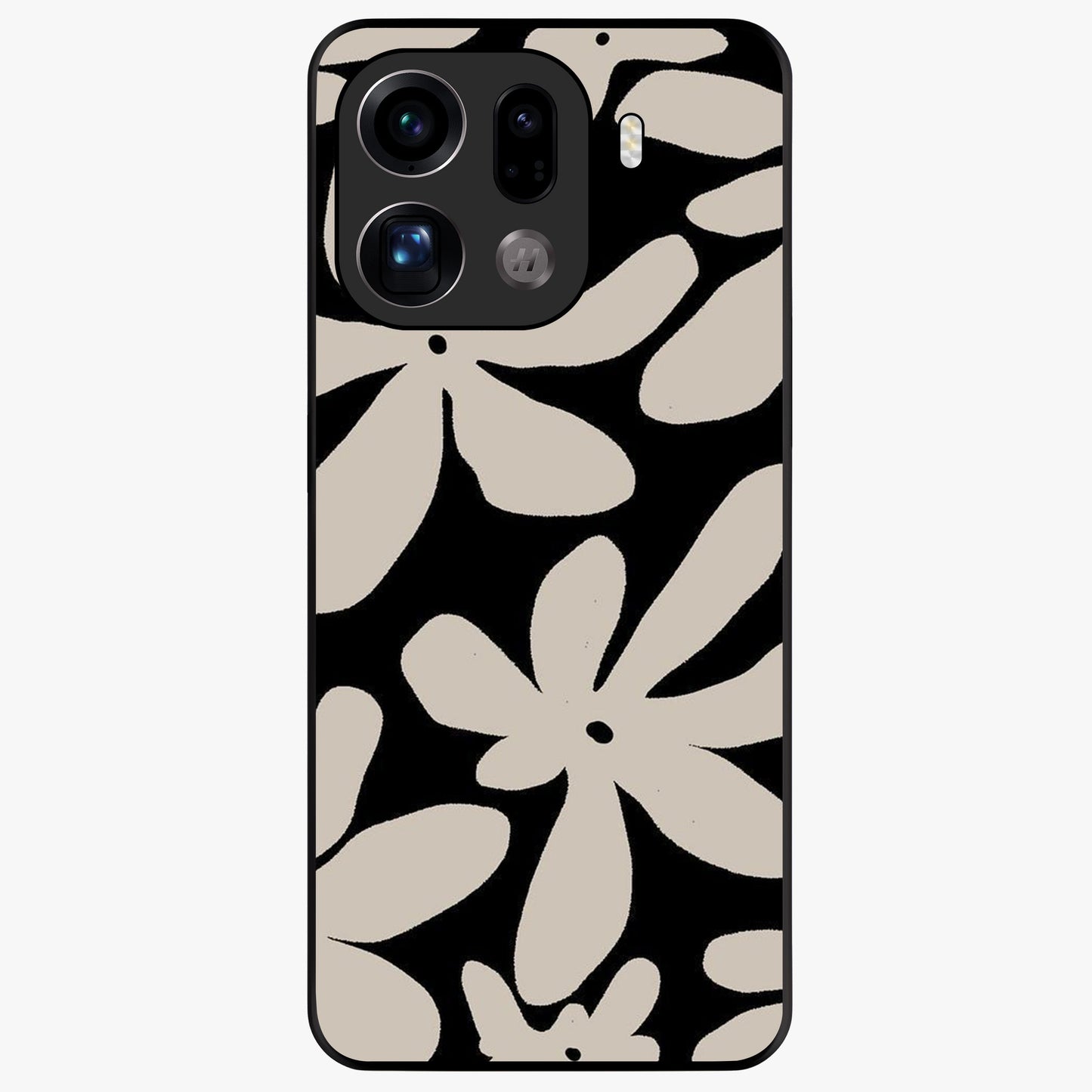 Monochrome Petal Dance Glass Case showing flat back view with monochrome floral artwork and glossy glass finish.