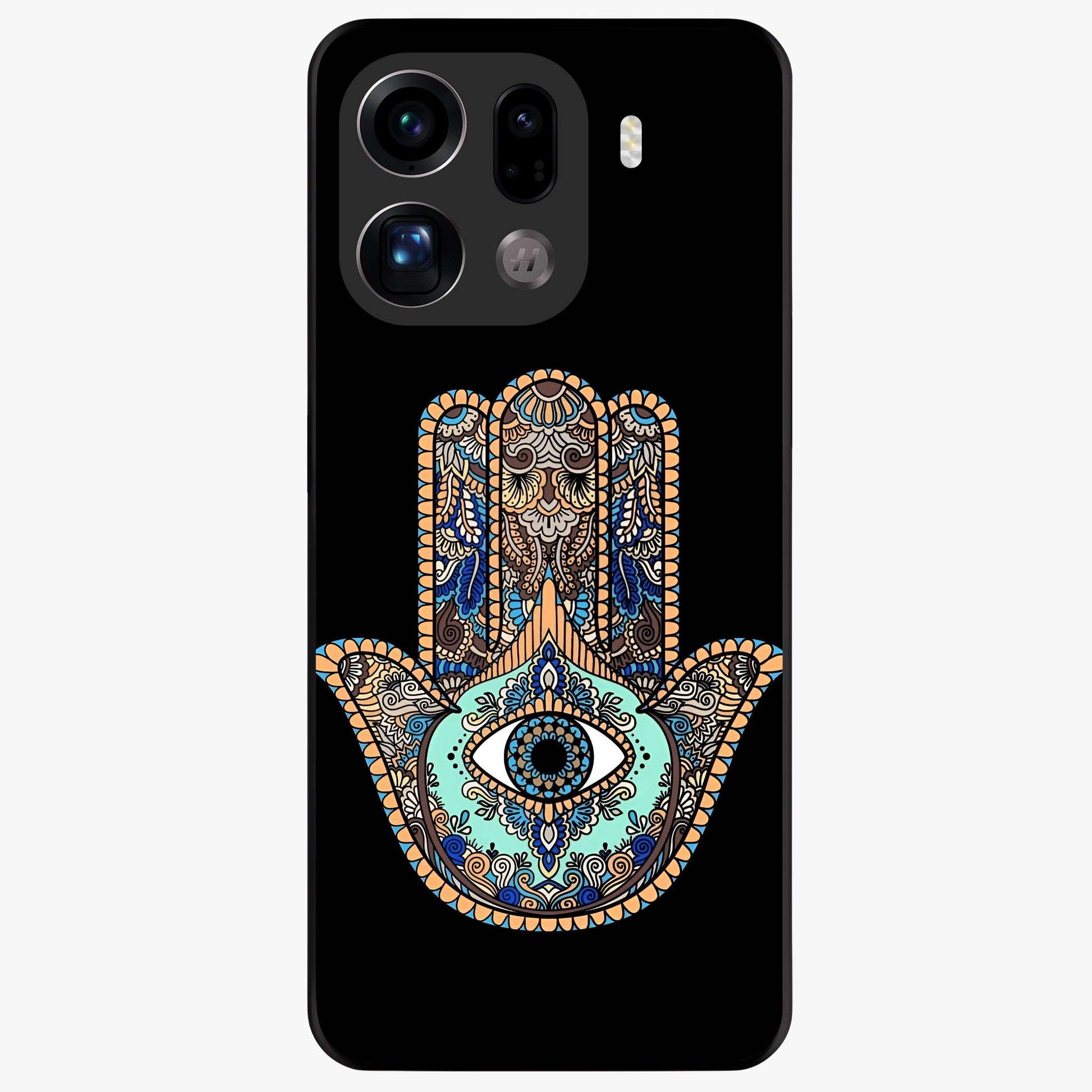 Mystic Hamsa Eye Glass Case showing flat back view with protective hamsa hand and evil eye artwork and glossy glass finish.