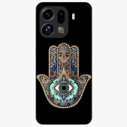 Mystic Hamsa Eye Glass Case showing flat back view with protective hamsa hand and evil eye artwork and glossy glass finish.