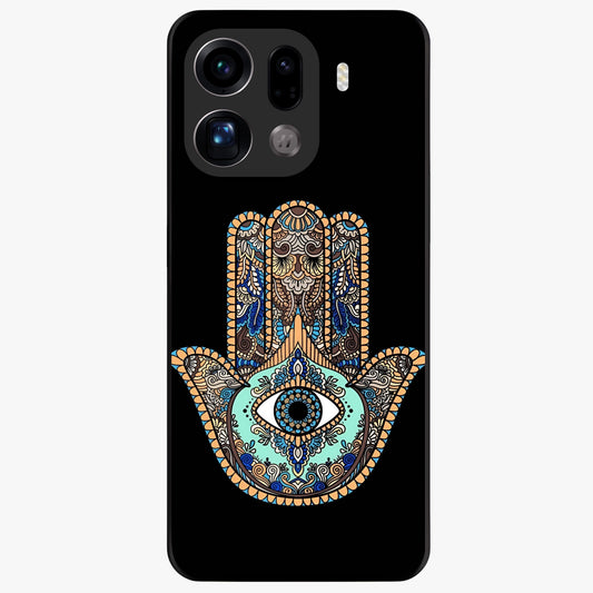 Mystic Hamsa Eye Glass Case showing flat back view with protective hamsa hand and evil eye artwork and glossy glass finish.