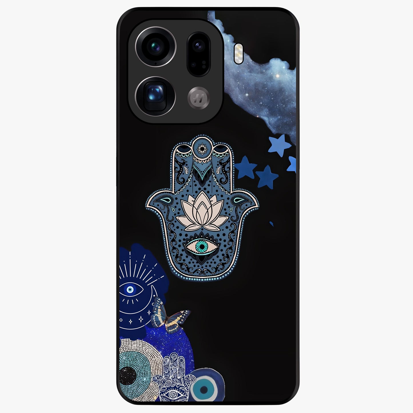 Mystic Hand Aura Glass Case showing flat back view with mystical hand symbol artwork and glossy glass finish.