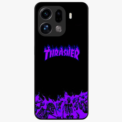 Neon Flame Riot Glass Case showing flat back view with neon flame artwork and glossy glass finish.