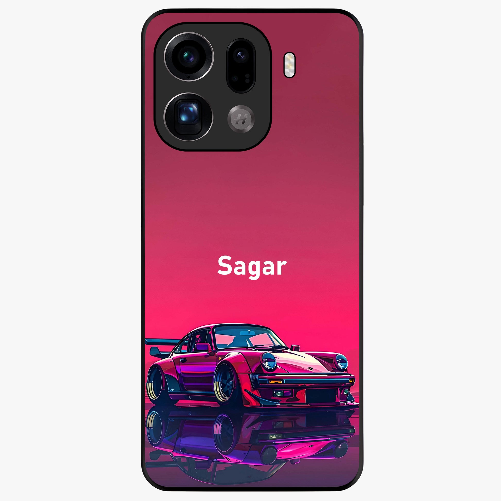 Neon Pink Porsche Glass Case showing flat back view with stylish sports car artwork and glossy glass finish.