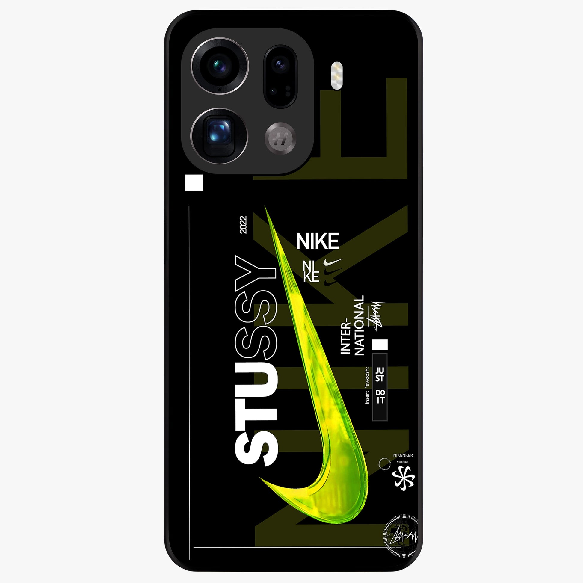 Neon Street Edition Glass Case showing flat back view with neon street style artwork and glossy glass finish.