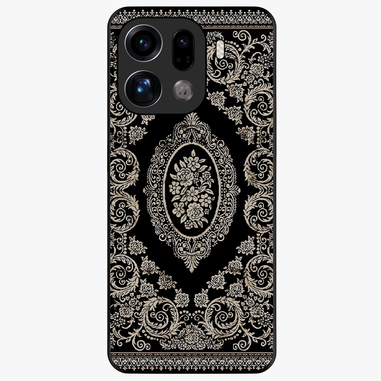 Noir Bloom Elegance Glass Case showing flat back view with elegant dark floral artwork and glossy glass finish.