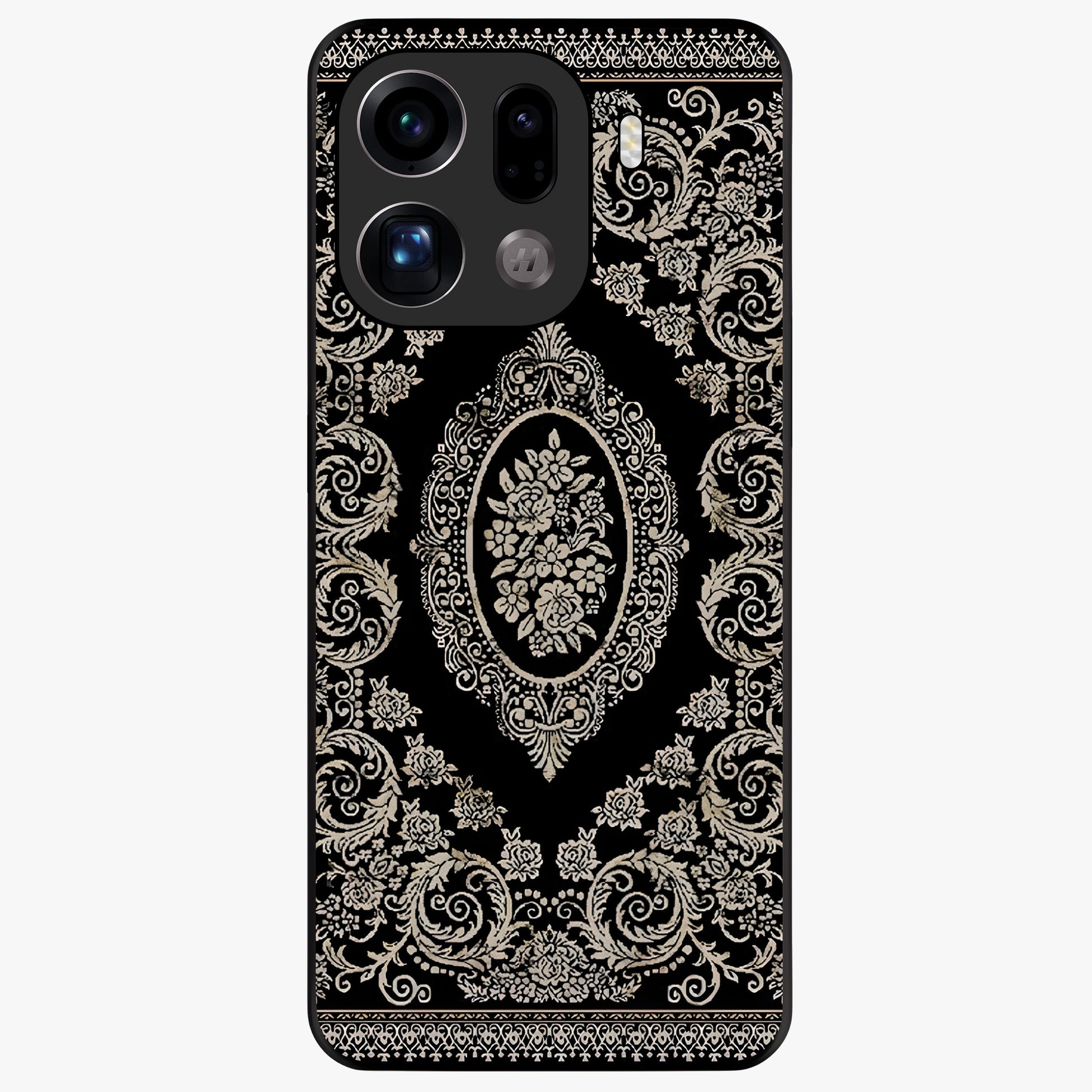 Noir Bloom Elegance Glass Case showing flat back view with elegant dark floral artwork and glossy glass finish.