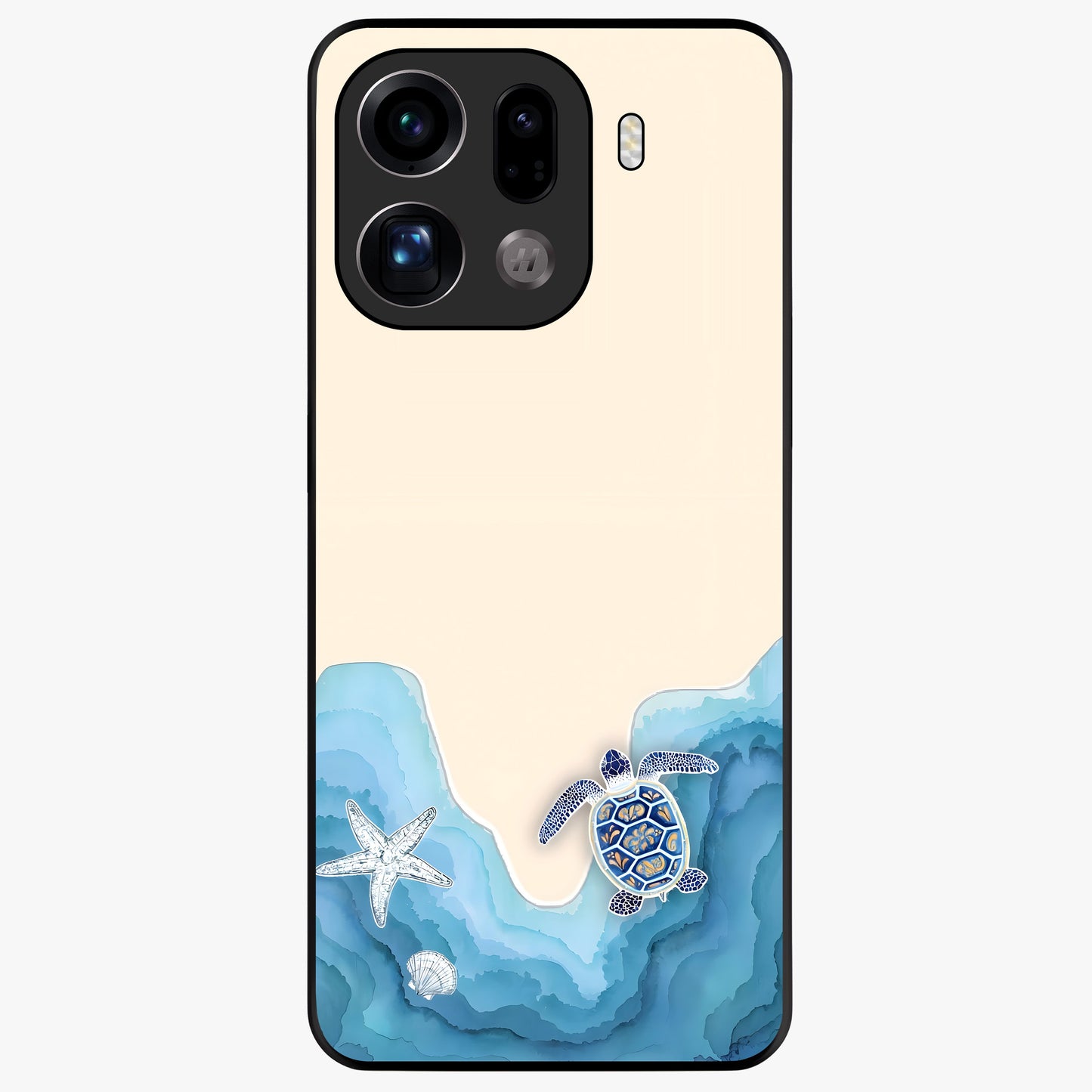 Ocean Drift Turtle Glass Case showing flat back view with sea turtle artwork and glossy glass finish.