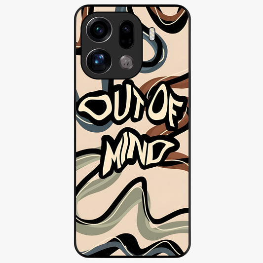 Out Of Mind Glass Case showing flat back view with expressive typography artwork and glossy glass finish.