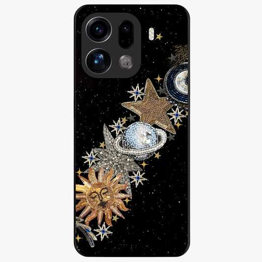 Pearls Universe Object Glass Case showing flat back view with pearl inspired cosmic artwork and glossy glass finish.