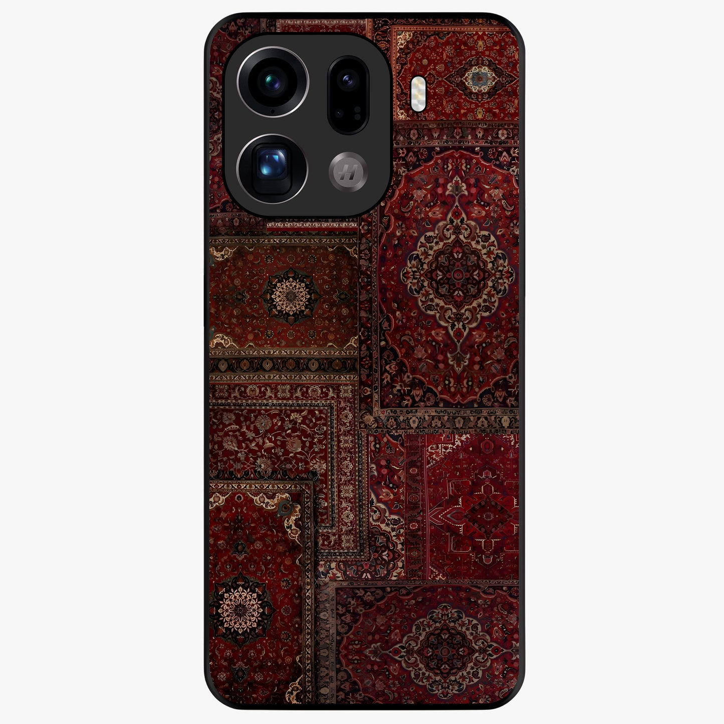 Persian Velvet Tale Glass Case showing flat back view with luxurious Persian velvet pattern artwork and glossy glass finish.
